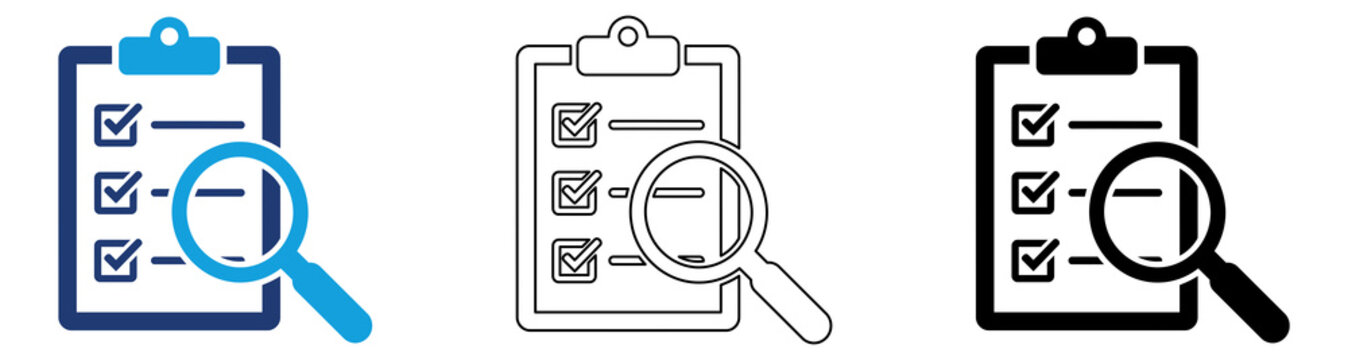 Blue Black Inspection Checklist Search Icon Set with Filled and Outline Styles for Quality Control Audit Verification Compliance Review and Business Assessment