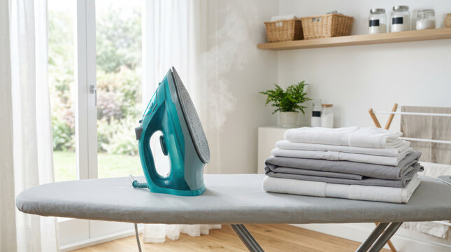 Teal steam iron on an ironing board with a stack of folded generated using ai and grey clothes