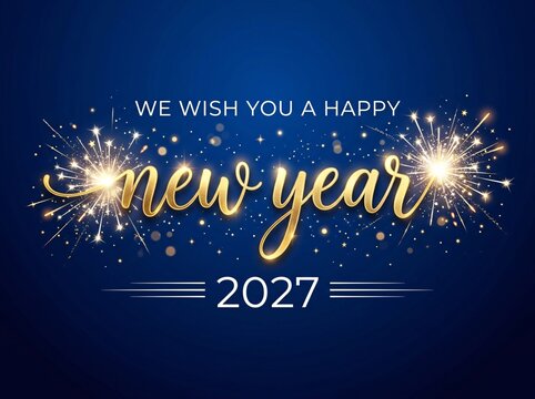 Happy new year 2027 design with elegant gold calligraphy and firework sparkles
