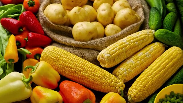 Fresh Potatoes and Sweet Corn Natural Vegetable Selection 4K Video