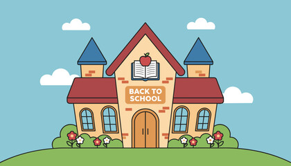 Naklejka premium Charming flat style cartoon school building with back to school greeting and flowers against a blue sky.