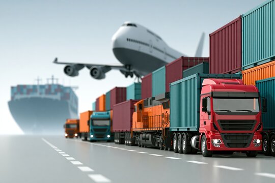 Intermodal freight transport with cargo plane, container ship, train and trucks at terminal