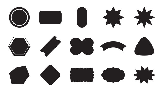 A diverse collection of black geometric forms including circles squares stars polygons and other interesting shapes on a plain white backdrop