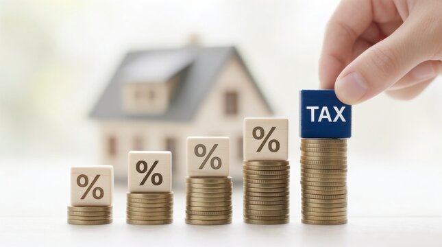 Hand placing tax block on stacked coins with a house in the background