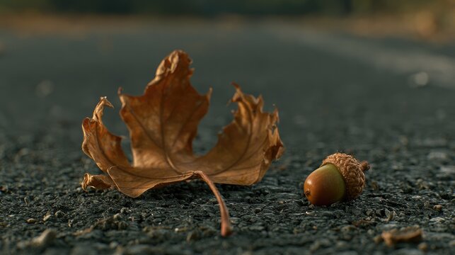 Dried sycamore leaf and acorn resting on dark asphalt ground with soft background blur in natural light