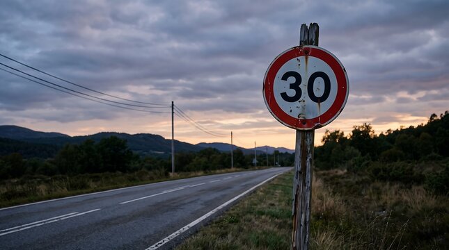 Weathered 30 speed limit sign on rural road, rusty traffic signage at dusk, empty asphalt highway in mountain landscape