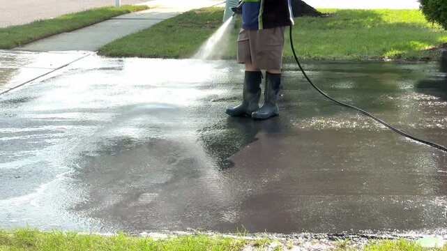 Handyman wearing heavy rubber boots power washing asphalt driveway