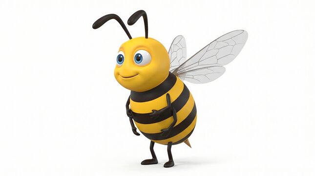 Cute honey bee 3D character, friendly cartoon bumblebee on white background, cheerful yellow insect mascot for children education