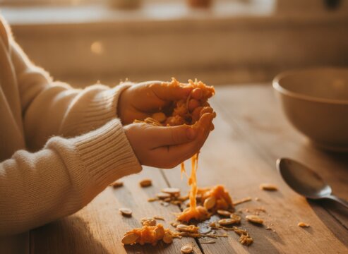 Hands holding crumbly orange food over a wooden table, concept of food preparation and texture