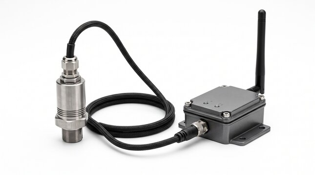 Industrial wireless pressure transmitter with antenna and metallic probe isolated on a white background, for process monitoring