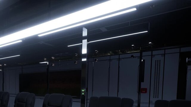 The setting shows the inside of a train carriage with bright ceiling lights. The design is clean and minimal. The scene suggests travel at night with empty seats visible.