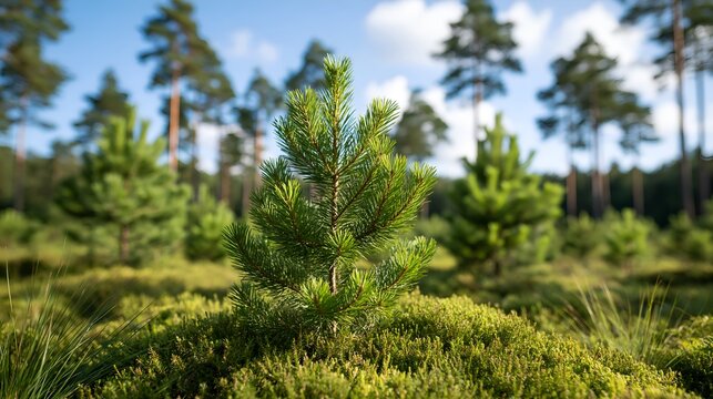 Young pine sapling grows amidst vibrant green moss