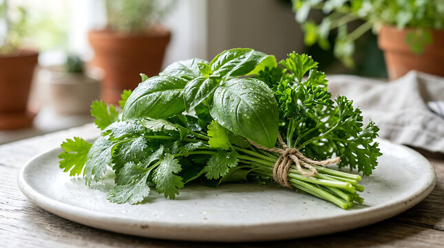 Fresh green herbs bouquet including basil and parsley on a white plate
