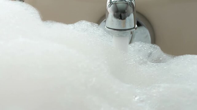 Swaying in Bath Foam. A stream of water from the tap fills the tub. The surface of the water is covered with thick foam