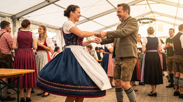 Couple dancing traditional folk dance at a festive event indoors  