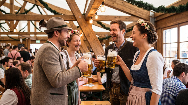 Happy group of friends celebrating with beers in festive hall  
