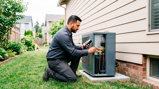 HVAC technician servicing an outdoor air conditioning unit in a residential backyard using a multimeter