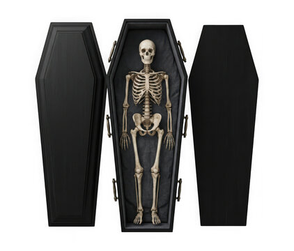 Open black wooden coffin with a human skeleton inside, isolated on transparent background