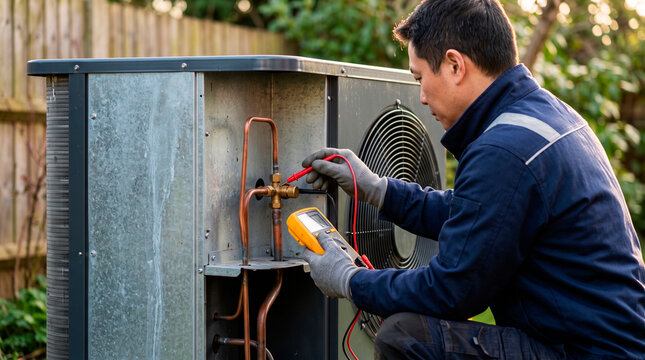 HVAC technician testing an outdoor heat pump air conditioning unit with a digital multimeter during maintenance service
