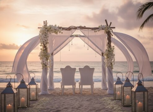 Romantic beach wedding arch with lanterns and chairs at sunset, concept of romance and celebration