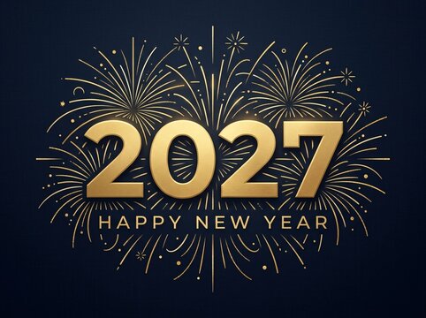 2027 happy new year gold text design with fireworks on dark blue background