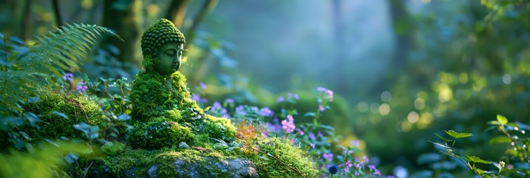 Moss-covered Buddha statue sits calmly in forest