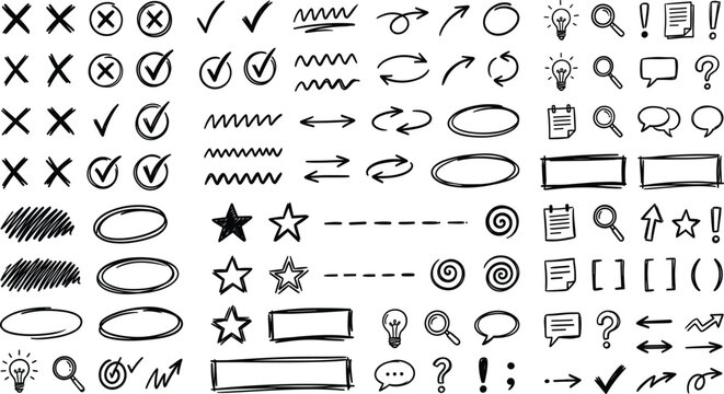 Arrow hand drawn line set. Hand drawn arrow line mark underline check brush doodle sketch highlight. Chalk marker scribble circle curve tick sign grunge blackboard background. Vector illustration