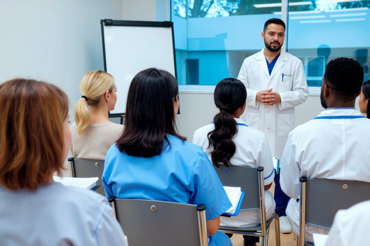 Wide shot of male doctor leading training session for multiethnic healthcare staff, presenting clinical guidance and teamwork concepts. Useful for medical education or hospital onboarding