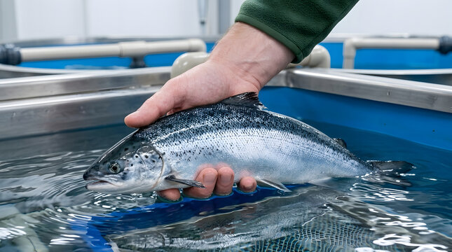 Man Holding Atlantic Salmon in Aquaculture Tank