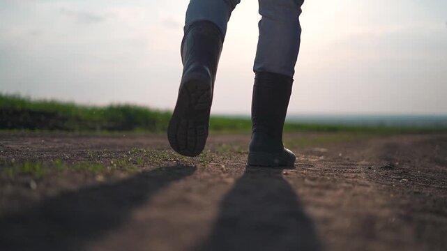 Boots on dirt road show farmer walking forward under soft sky. Rural path guides steps. Farmer boots push into dry soil as calm path winds forward. Farmer stands balanced in tall black boots.