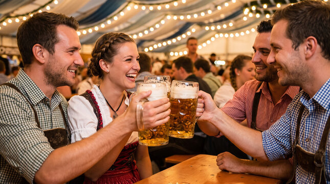 Group of people toasting with beer mugs in a festive tent  