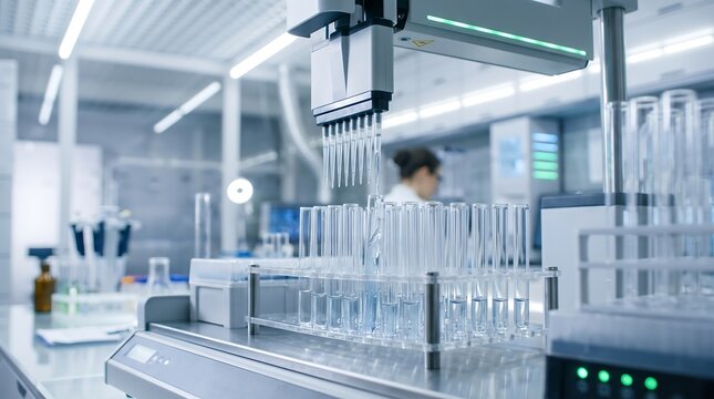 Automated robotic liquid handler dispensing chemical samples into test tubes in laboratory. Modern automation for biotech research. Professional stock photo for lab automation.