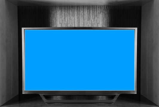   empty Blank chroma key light blue flat screen tv on closet drawers new modern plasma screen display Tv Mockup mock up mock-up In Large With Fashion Decor