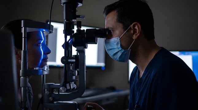 Eye doctor examining patient cornea using slit lamp microscope with bright blue light beam. Profile shot of ophthalmology exam. Professional stock photo.