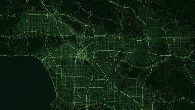 Los Angeles California city road map graphic overlay, dark green cyber aesthetic street grid vector aerial view