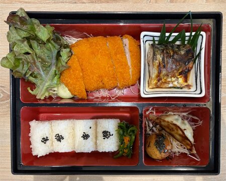 A traditional Japanese bento lunch box featuring crispy tonkatsu, grilled saba fish, takoyaki, gyoza, and steamed rice topped with black sesame seeds.