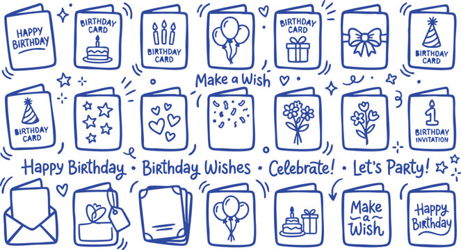 Collection of hand-drawn birtay cards and invitations with festive elements on a white background for celebration design