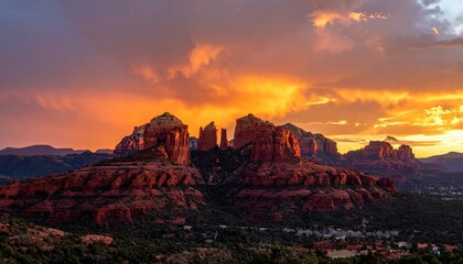 Naklejka premium Dramatic red rock formations in Sedona bathed in vibrant sunset light with fiery clouds