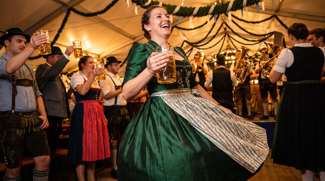 Woman dancing in a traditional German dirndl dress at a festival  