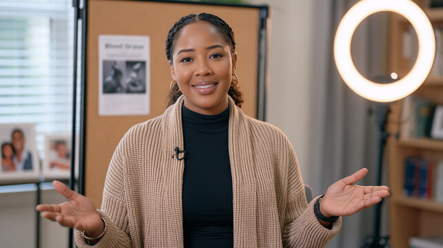 Spokesperson at a modest home staging area delivers a calm on camera rehearsal, a blood draw veterinary pamphlet pinned to the corkboard behind her, ring light illuminating her