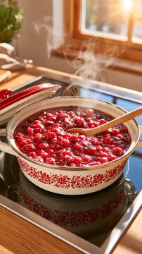 Steam rises from a pot of simmering red berries