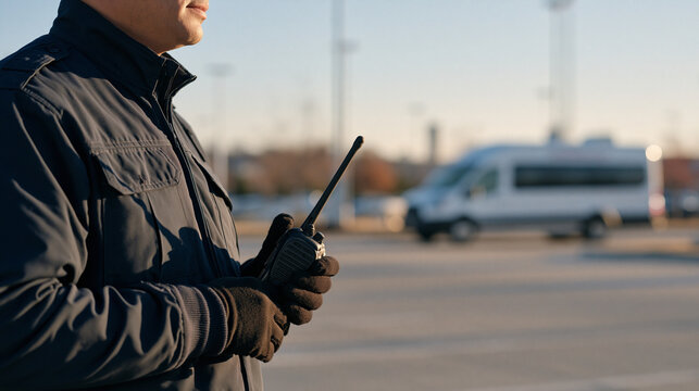 Close-up of a mall security officer's gloved hands gripping a walkie-talkie in a quiet rural edge mall, the parking lot beyond largely empty, a men's health screening van visible