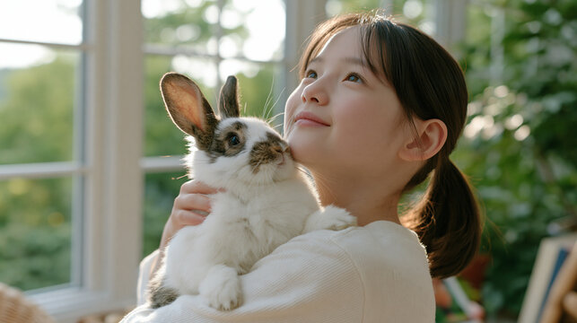 A child volunteer at a kids animal shelter cradles a rescued rabbit in a luxury residential conservatory repurposed as a temporary holding space, over the shoulder framing showing