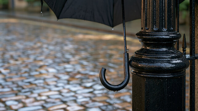 A single rain soaked umbrella handle hooked over a mortuary parlour gate post on a wet cobblestone street, its skeletal frame dripping steadily, the simple solitary object hinting