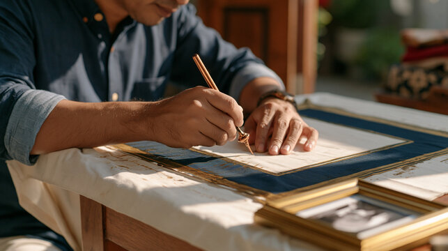 Batik artisan's hands press a copper tjanting tool into wax-coated fabric under harsh midday sun in an open courtyard workshop, close up framing showing tear stains dried