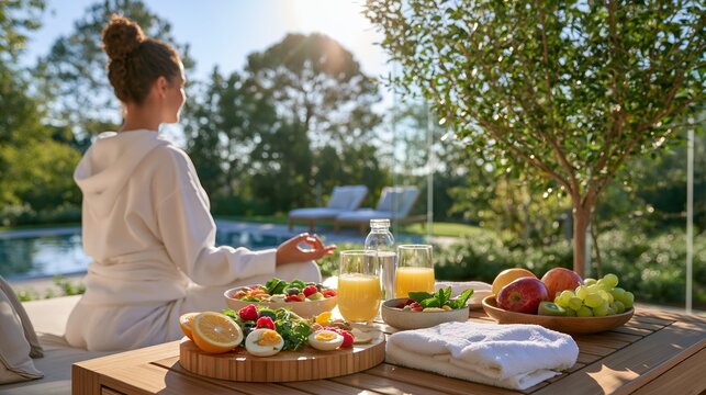 Woman enjoys breakfast outdoors near pool