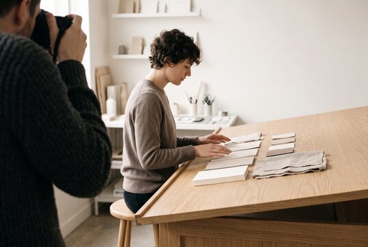 Creative female designer examining material swatches and paper samples at a studio desk during a photoshoot
