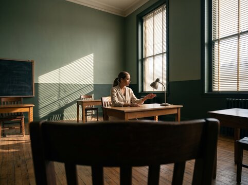 A woman in a beige suit sits at a wooden desk inside a vintage room with sunlight filtering through window blinds