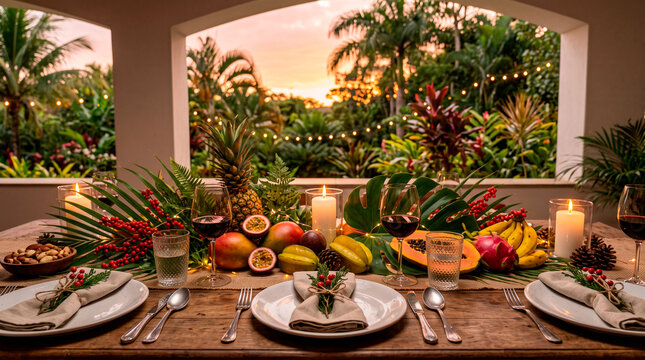 Tropical themed outdoor table for a sunset celebration