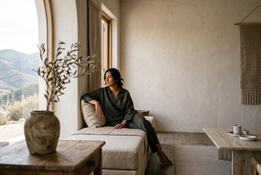 Elegant serene woman relaxing on a comfortable daybed inside a modern minimalist Mediterranean home looking out a large arched window with scenic mountain views